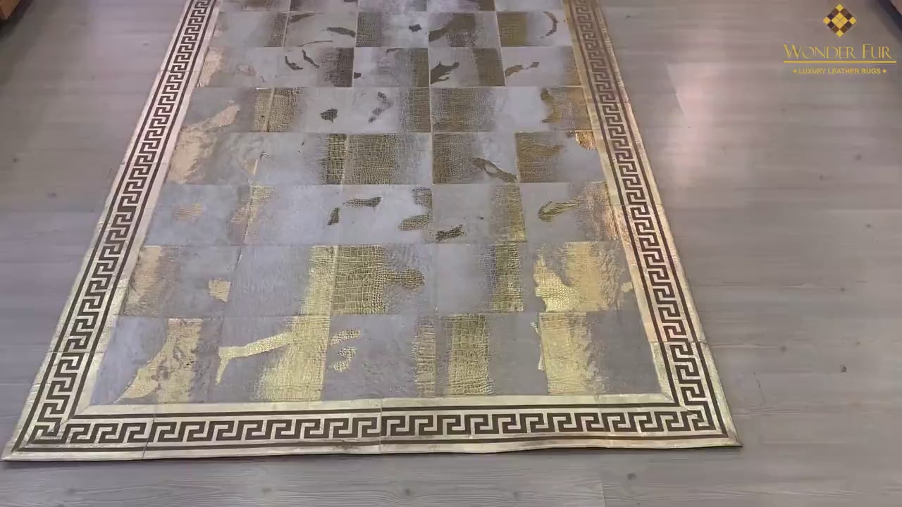 Patchwork Handmade Gold Real Cowhide Area Rug , Modern Bedroom 5x7 Rug