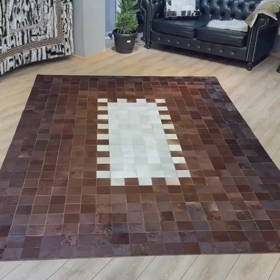 Luxury Patchwork Brown And Beige Genuine Cowhide Large Rug , 10x12 Rug