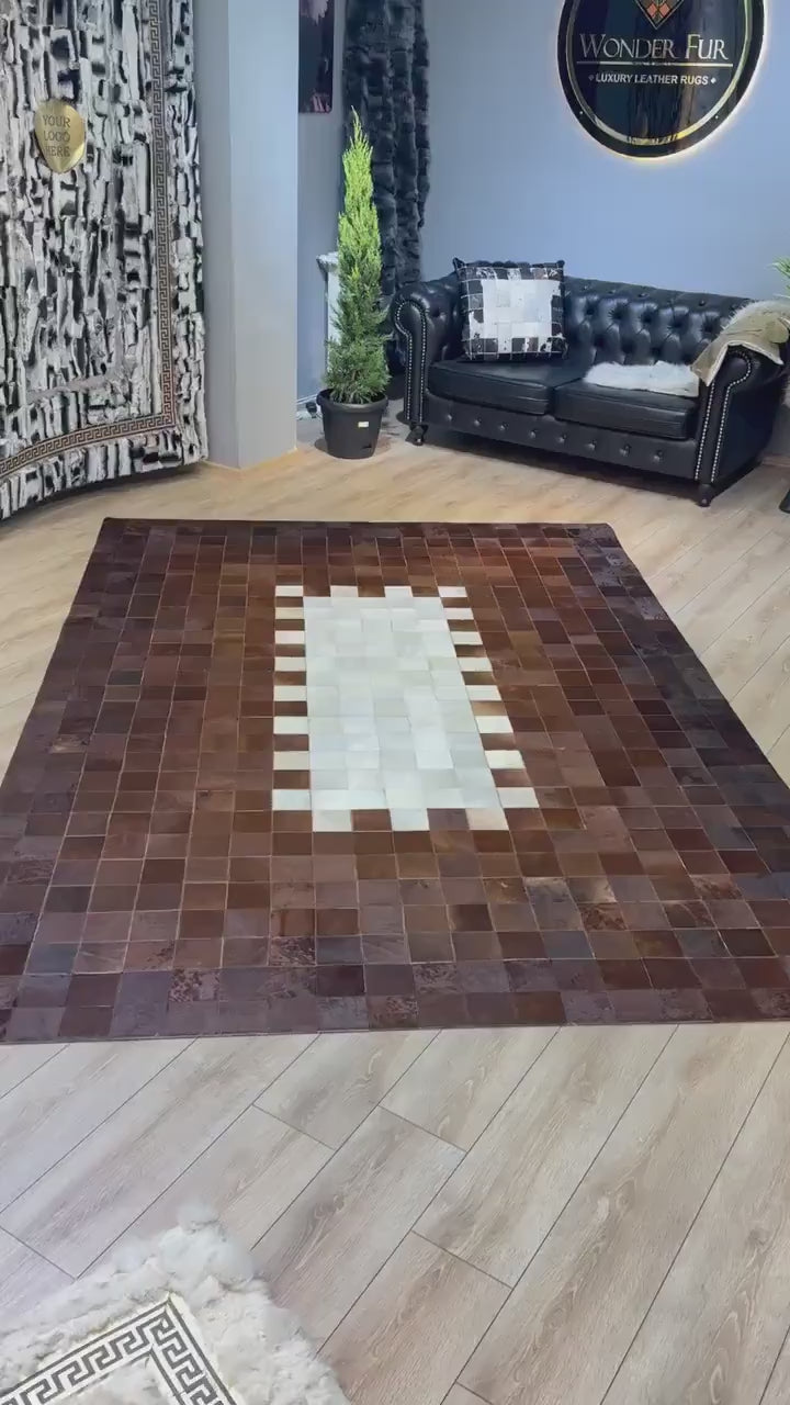 Luxury Patchwork Brown And Beige Genuine Cowhide Large Rug , 10x12 Rug