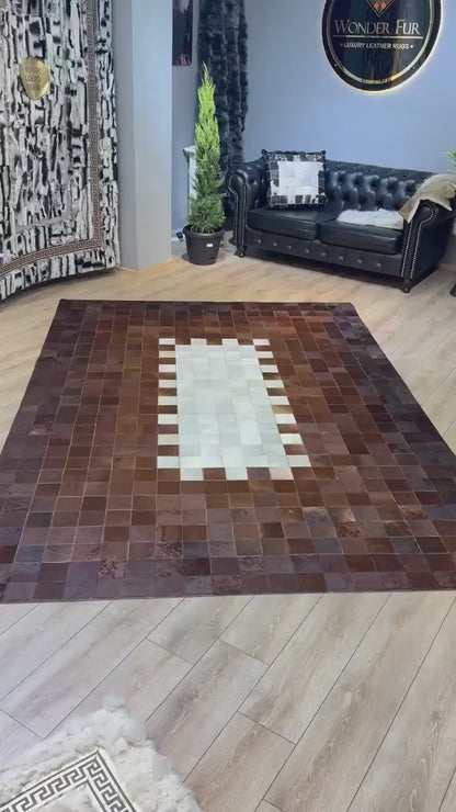 Luxury Patchwork Brown And Beige Genuine Cowhide Large Rug , 10x12 Rug