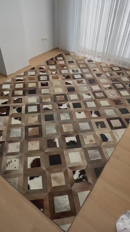 Unique Design Brown Handmade 100% Genuine Cowhide Rug, Patchwork Area Rug, Home Decor
