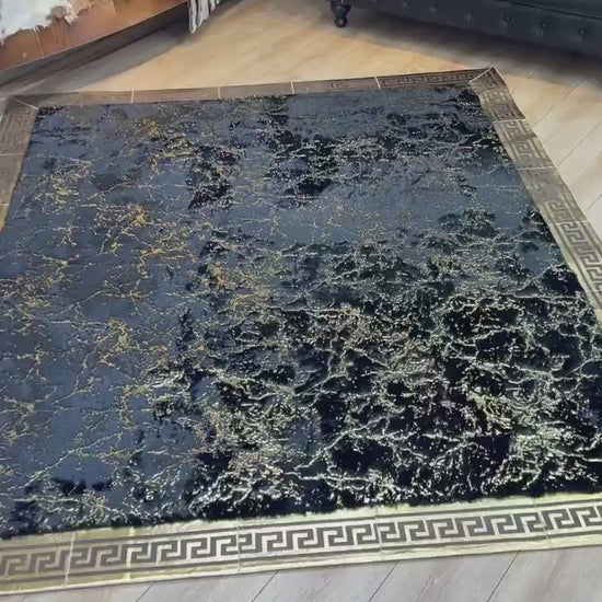 Customizable Plush Elegant Black And Gold Faux Fur 6x8 Living Room Rug