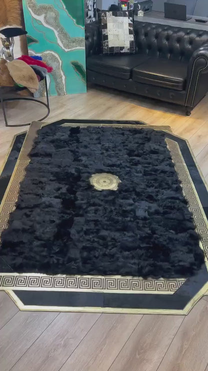 Unique Black Gold Sheepskin Area Rug, Handmade Soft Fluffy Rug Decoration