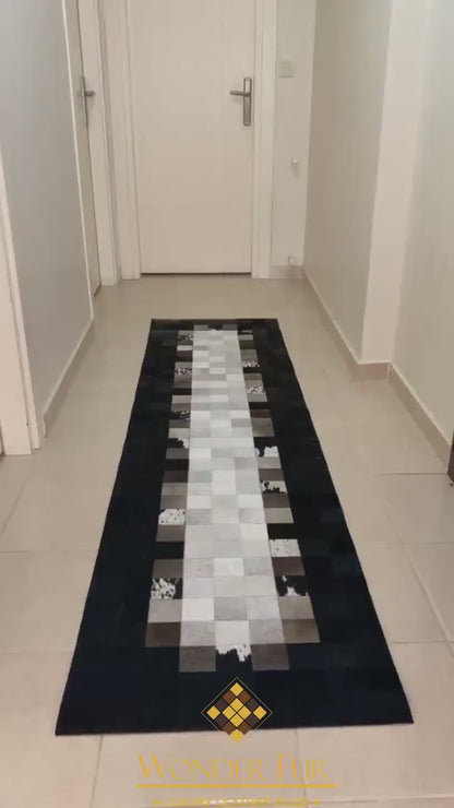 Luxury Hallway Runner Rug with Black Border, Natural Handmade Cowhide Rug