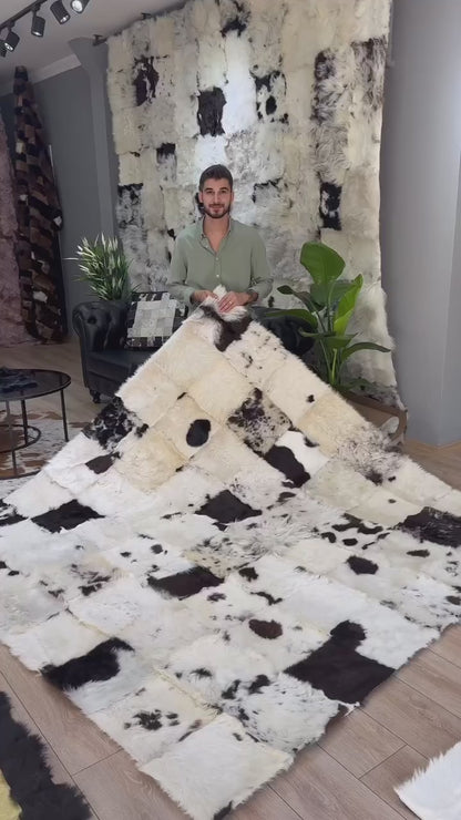 Unique Handmade Black White Natural Sheepskin, Office Soft Fluffy Rug