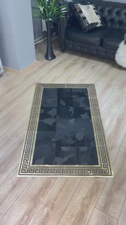 Gold and Black Luxury Natural Cowhide Rug with Greek Key Pattern, 100% Genuine Handmade Cowhide Rug
