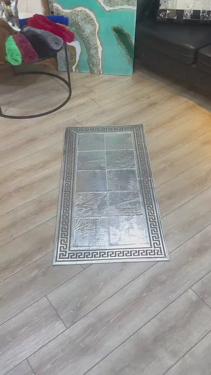 Cowhide Area Rug, Greek Key Pattern Natural Handmade Cowhide Patchwork Rug, Unique Silver Rug