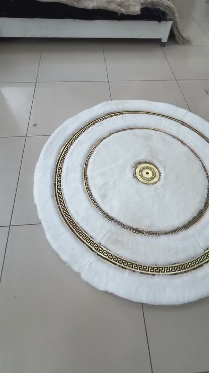 Luxury Gold White Faux Fur Round Rug, Handmade Plush Round Rug for Living Room