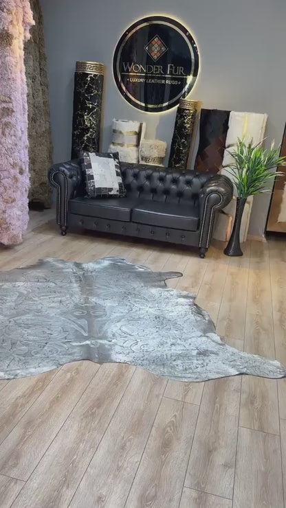 Silver Genuine Cowskin Lazer Pattern Rug, Special Calfskin Decor Rug