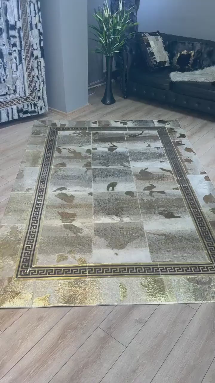 Luxury Elegant Gold Cowhide Area Rug , Bedroom Modern Decorative Rug