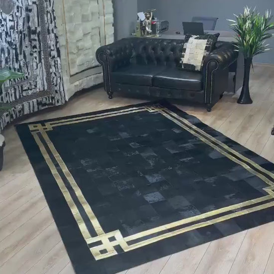 Genuine Leather Black And Gold Cowhide Living Room Rug , Handmade Rug